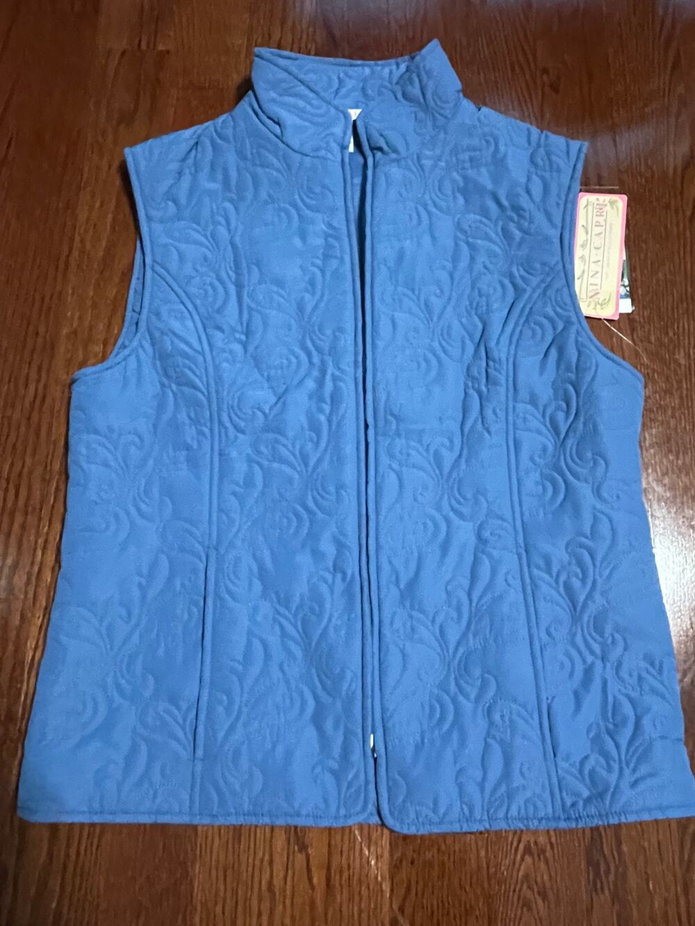 Nina Capri NWT Quilted Paisley Scroll Zip Front Vest Slate Blue L
